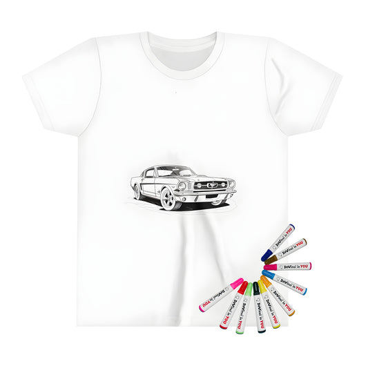 Kid's T-shirt featuring a vintage design of an American muscle car, reminiscent of a classic Mustang