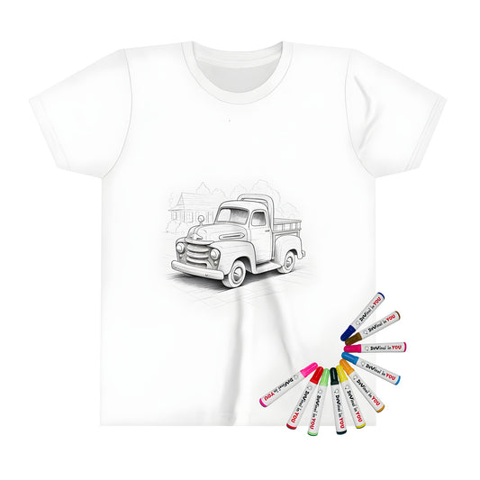 Kid's t-shirt featuring an outline drawing of a classic pickup truck parked in front of a house, ready for your little one to color with our set of 10 fabric markers.