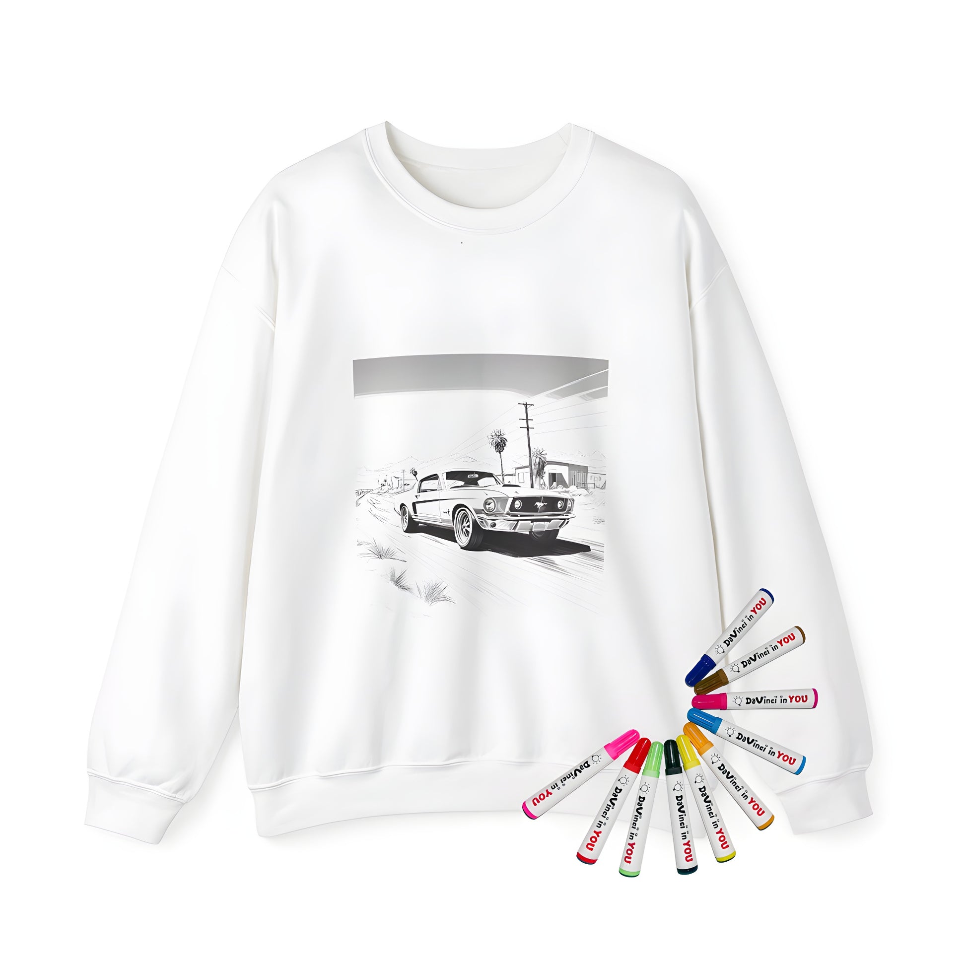 Adult sweatshirt featuring an iconic American muscle car illustration of a classic Mustang model, perfect for fans of vintage Ford designs and desert landscape enthusiasts