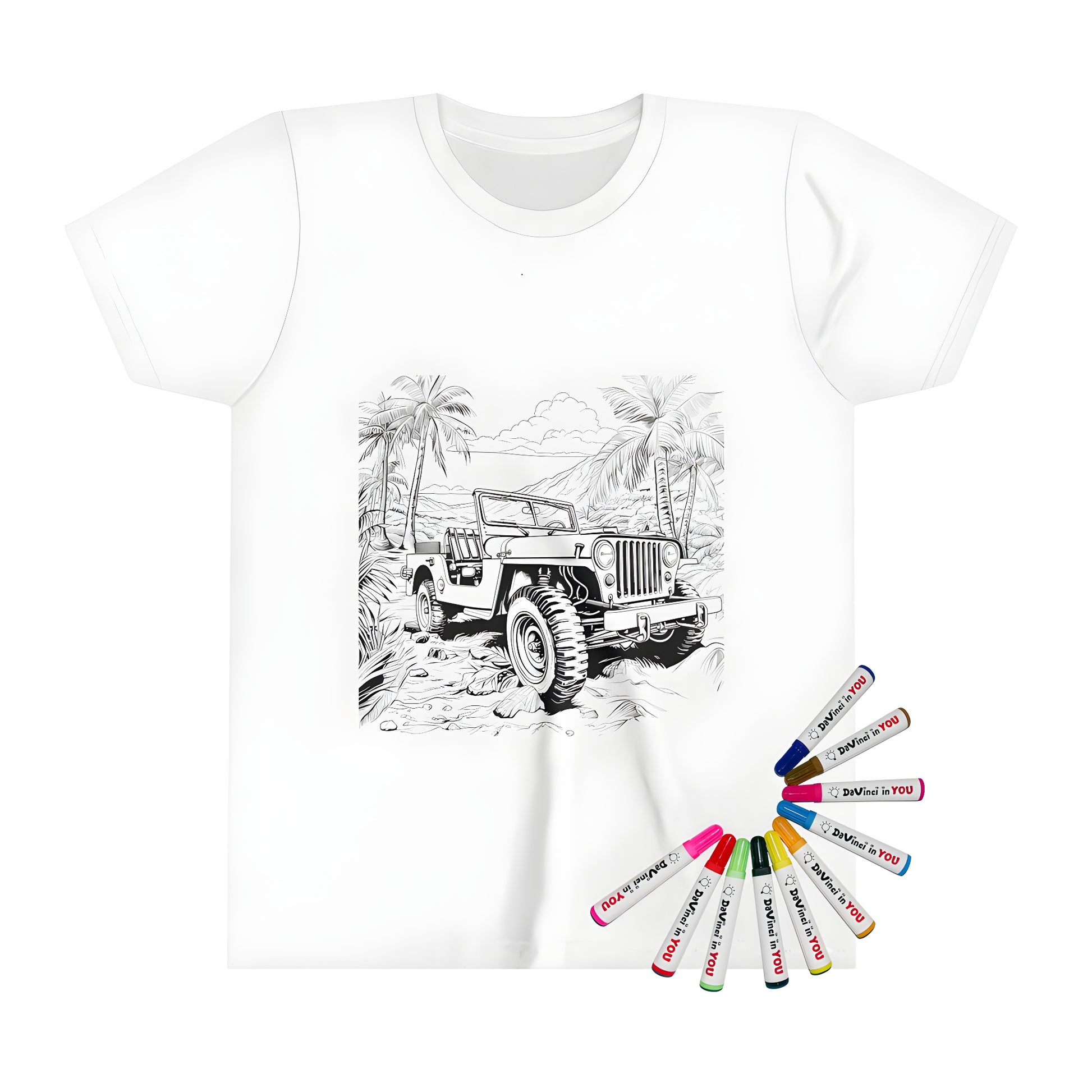 Coloring t-shirt for kids featuring an off-road vehicle illustration with palm trees and mountains in the background.