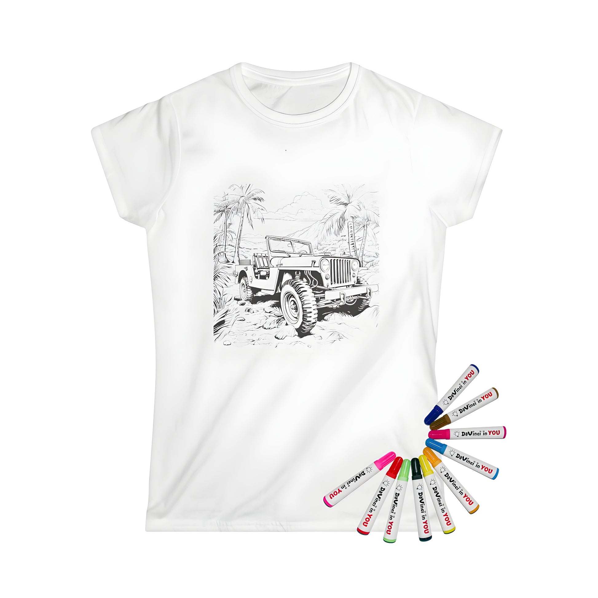 Detailed jeep illustration on a women's t-shirt with tropical landscape, palm trees, and mountains