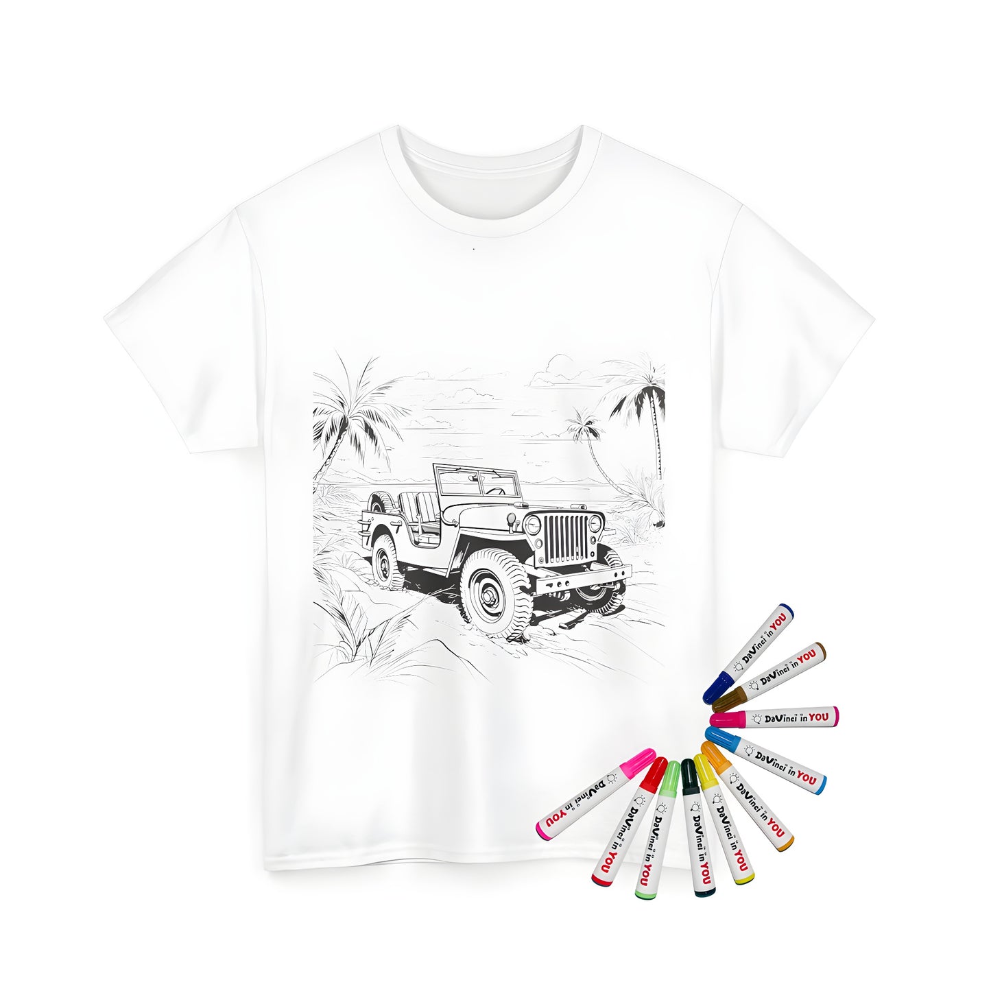 Coloring kit for unisex t-shirt featuring detailed jeep parked on sandy beach scene