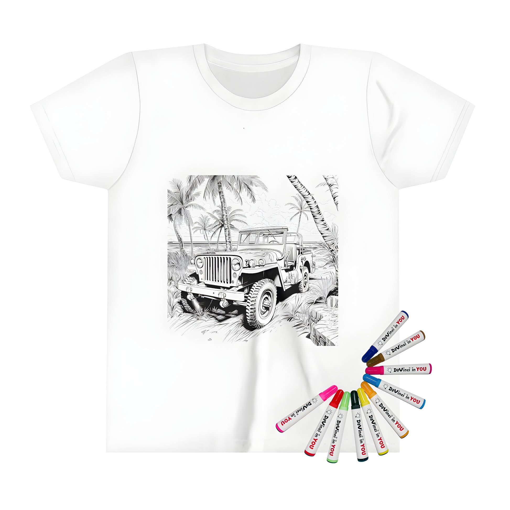 Off-road vehicle coloring kit for kids with detailed jeep drawing on t-shirt