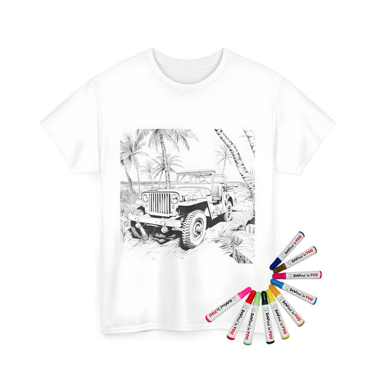 Off-road SUV illustration t-shirt coloring kit for kids and adults, featuring a desert buggy, Land Rover or pickup truck design