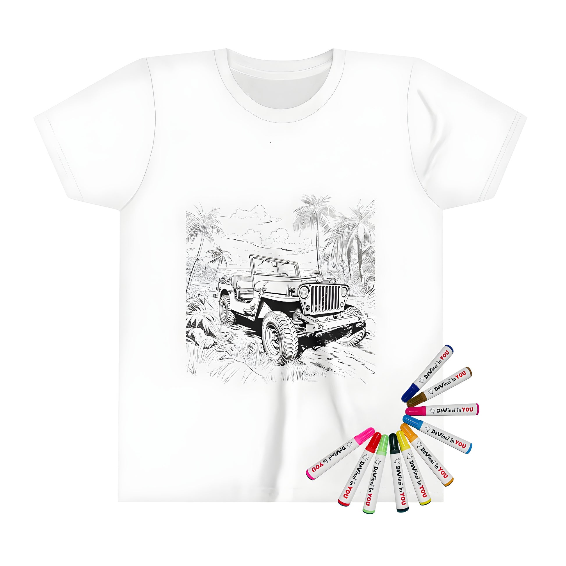 Coloring kit kid's tee featuring a fun jeep design with palm trees, ocean, and clear skies on sandy beach path