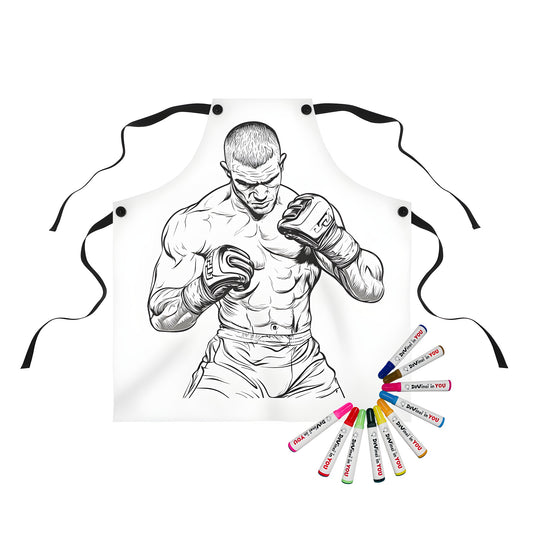 Apron featuring a colorful line art of a muscular fighter or pugilist in a fighting stance, wearing gloves and shorts, looking focused