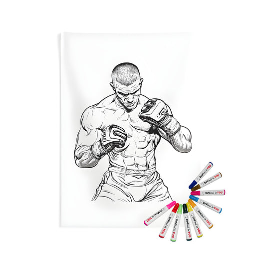 Indoor wall tapestry artwork featuring a detailed line art of a muscular boxer in fighting stance