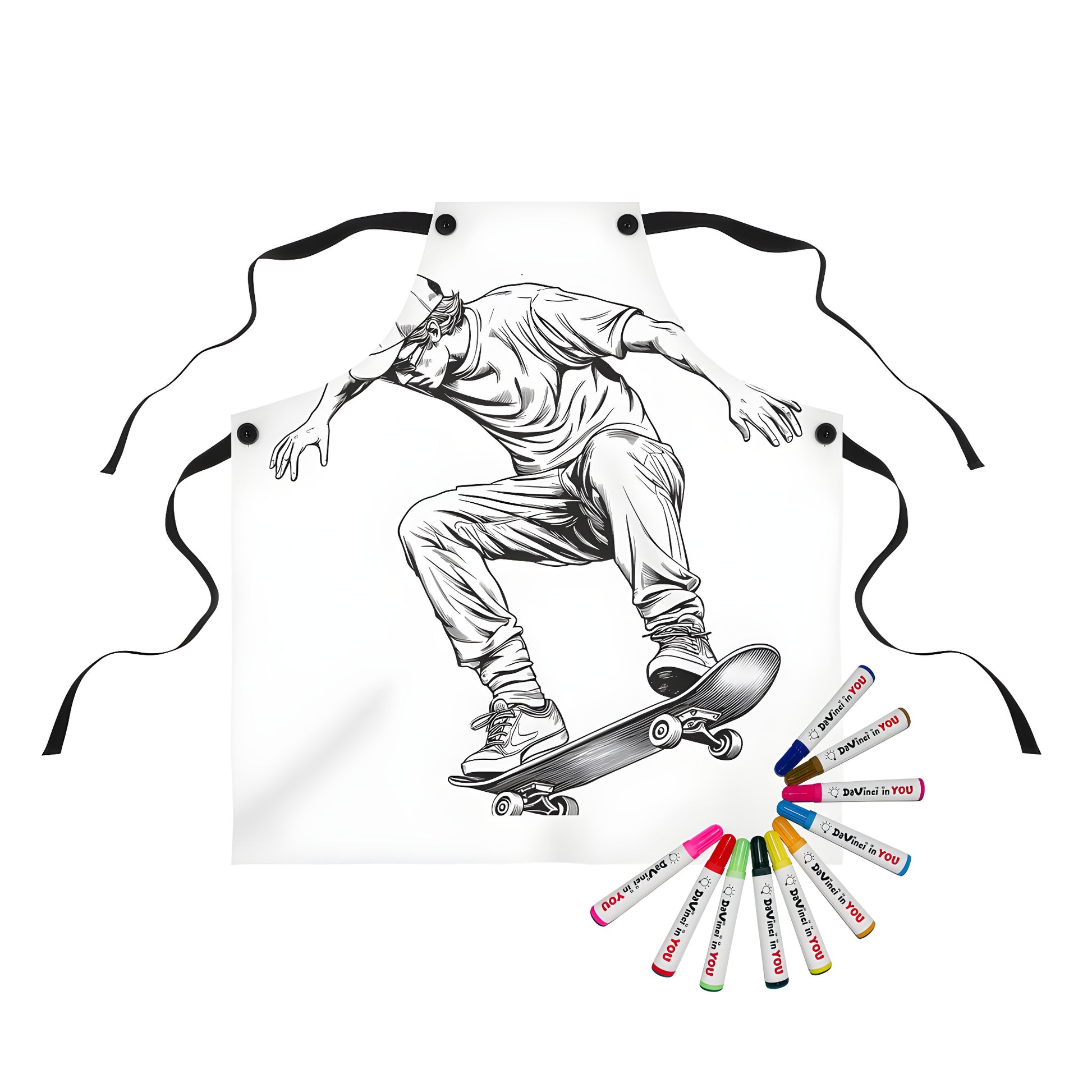 Apron with skateboarder design by a black and white illustration of a young man performing a trick on a board, ideal for kids who love skate culture