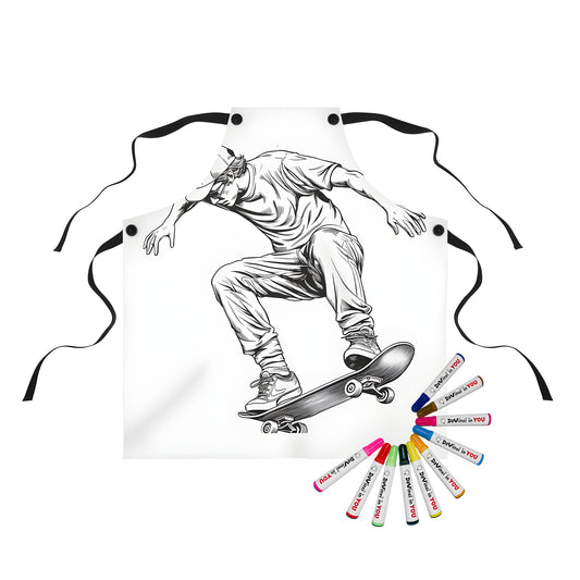 Apron with skateboarder design by a black and white illustration of a young man performing a trick on a board, ideal for kids who love skate culture