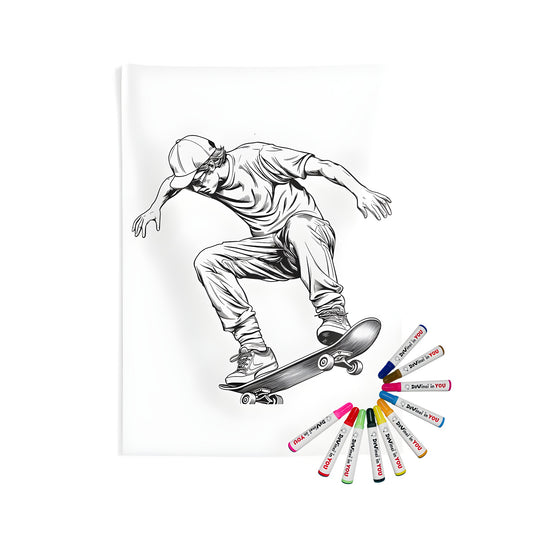 Young skater wall tapestry indoor hanging decor with fun coloring kit and 10 fabric markers