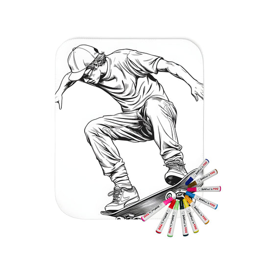 Blanket with skateboarding teenager boy design, featuring a young skater, teen skater boy, youth skateboarder illustration, on a soft and cozy fabric