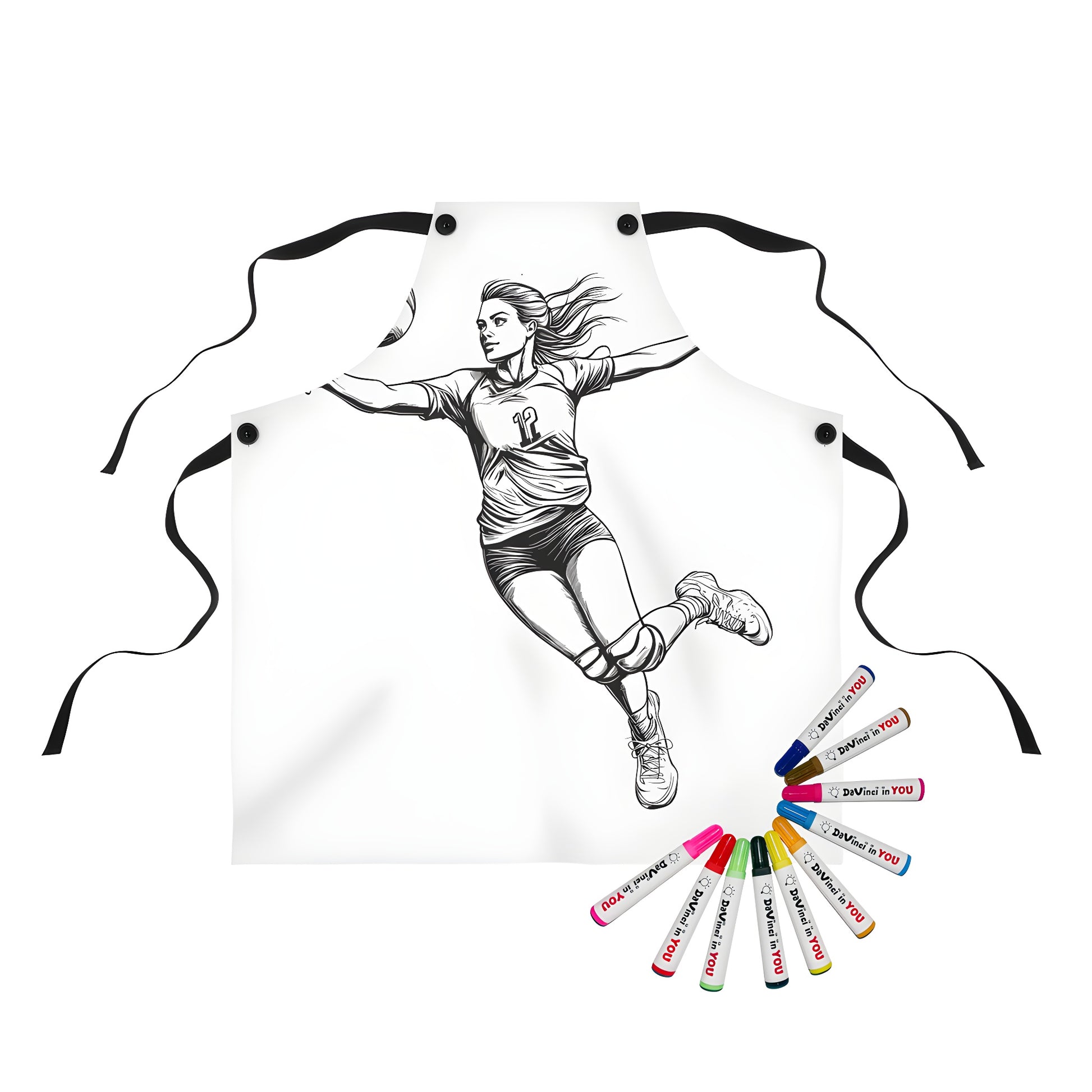 Coloring apron featuring a dynamic black-and-white illustration of a female volleyball player leaping to hit a ball, wearing jersey number 12, perfect for sports enthusiasts and fans of beach games.