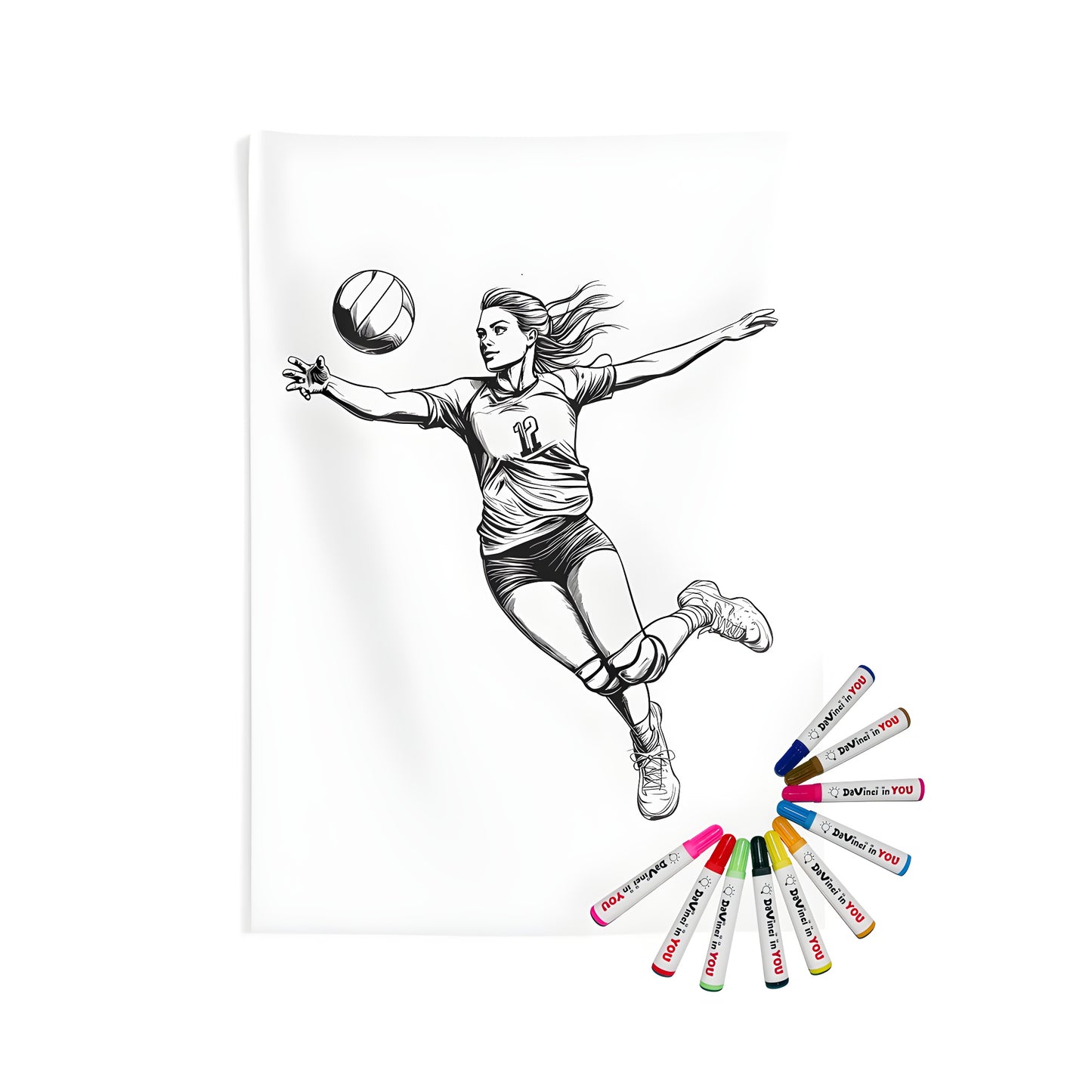 Indoor wall tapestries with vibrant coloring kit and fabric markers featuring a dynamic black-and-white illustration of a female volleyball player in mid-air, wearing jersey number 12