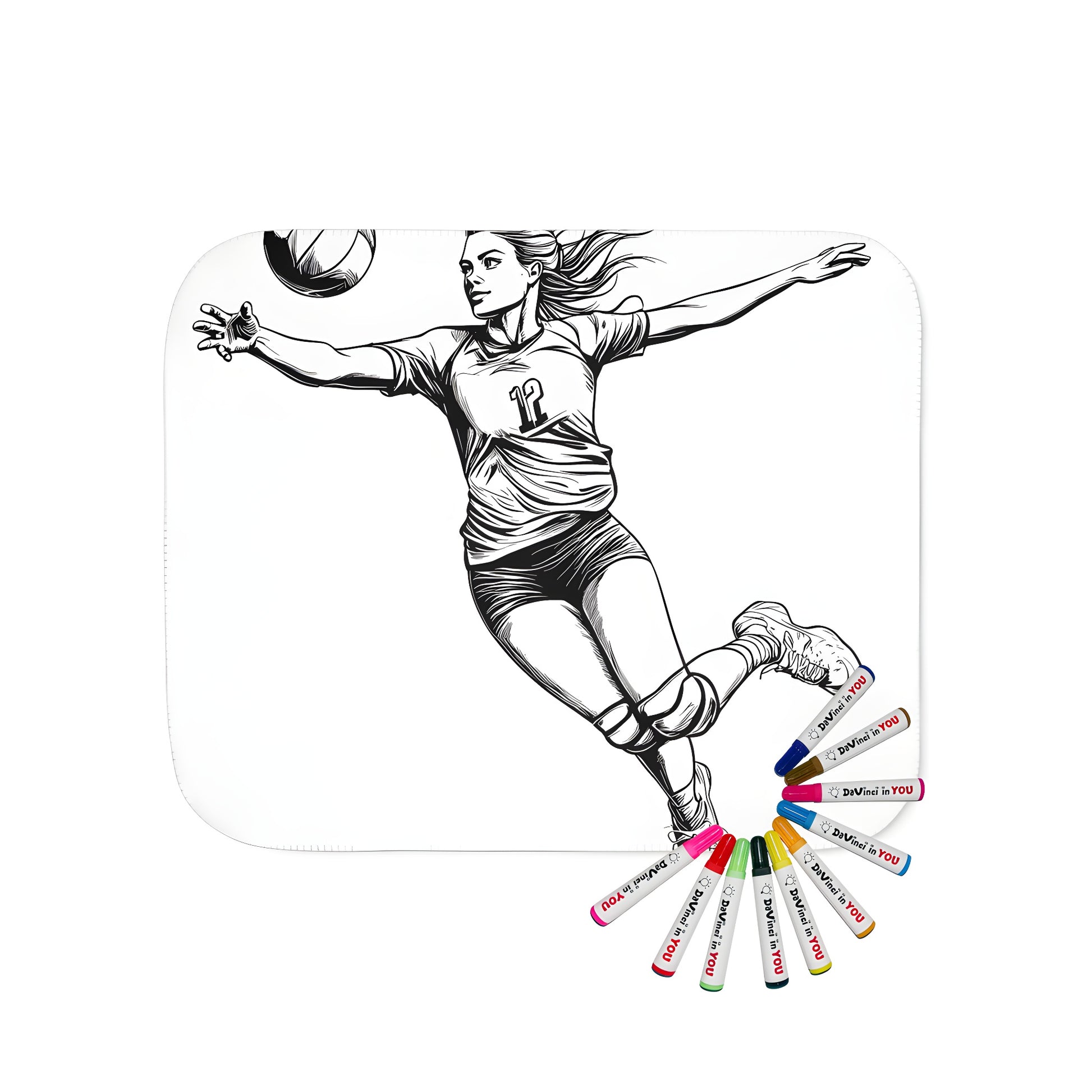 Cozy blanket featuring a fun black and white illustration of a female volleyball player leaping to hit a ball, wearing jersey number 12. Soft, vibrant colors bring the image to life.