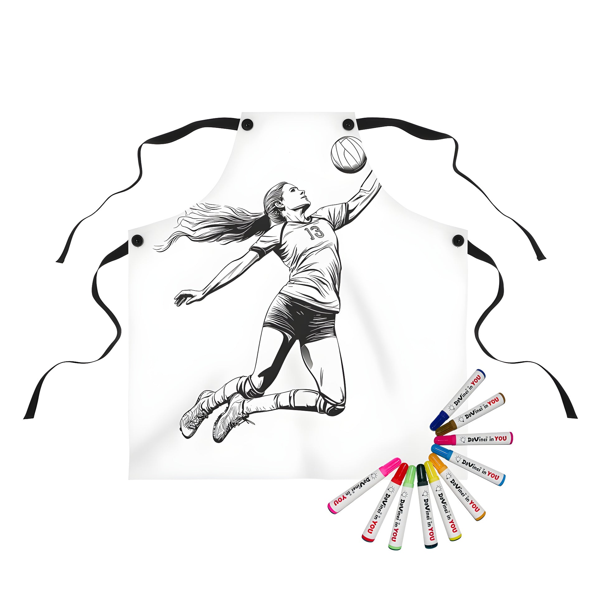 Apron with vibrant coloring page design of a female volleyball player jumping to hit the ball, made with fun fabric markers. Jumping Volleyball Girl Athlete Image on Apron