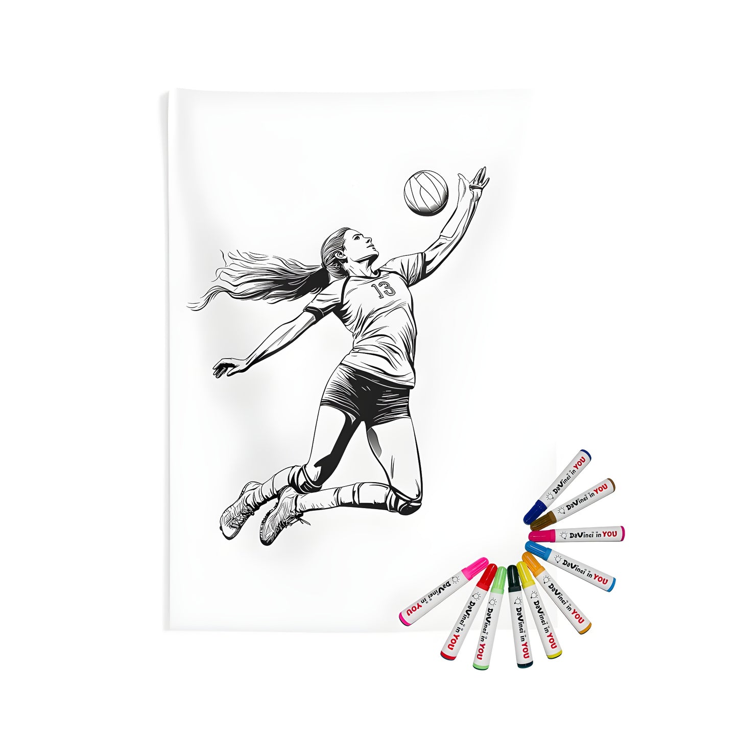 Illustration of a female volleyball player jumping in the air with her right hand