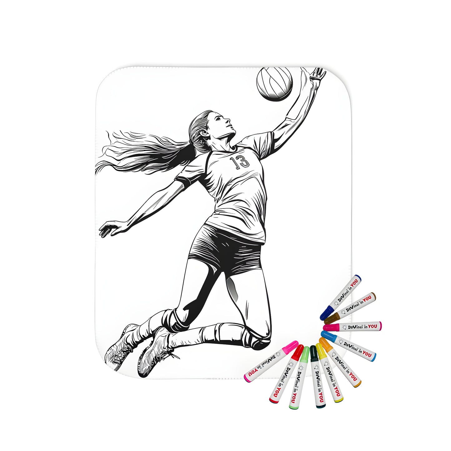 Blanket featuring an active female volleyball player illustration for kids, jumping high to hit the ball with her hand, vibrant colors