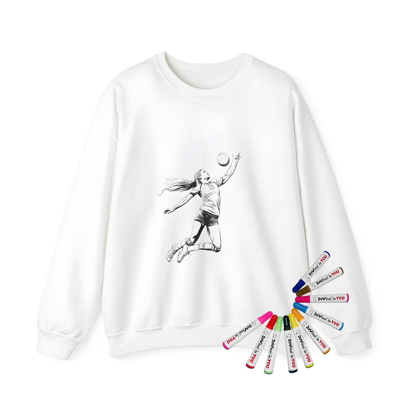 Adult sweatshirt featuring an illustration of a female volleyball player in motion, jumping high to hit the ball