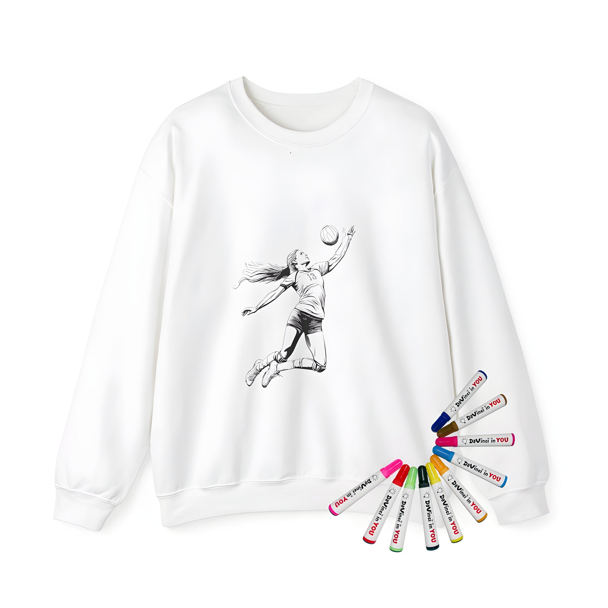 Adult sweatshirt featuring an illustration of a female volleyball player in motion, jumping high to hit the ball