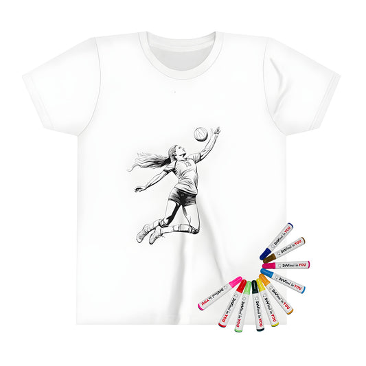 Kids volleyball player girl jumping high hitting ball fun colorful illustration on t-shirt