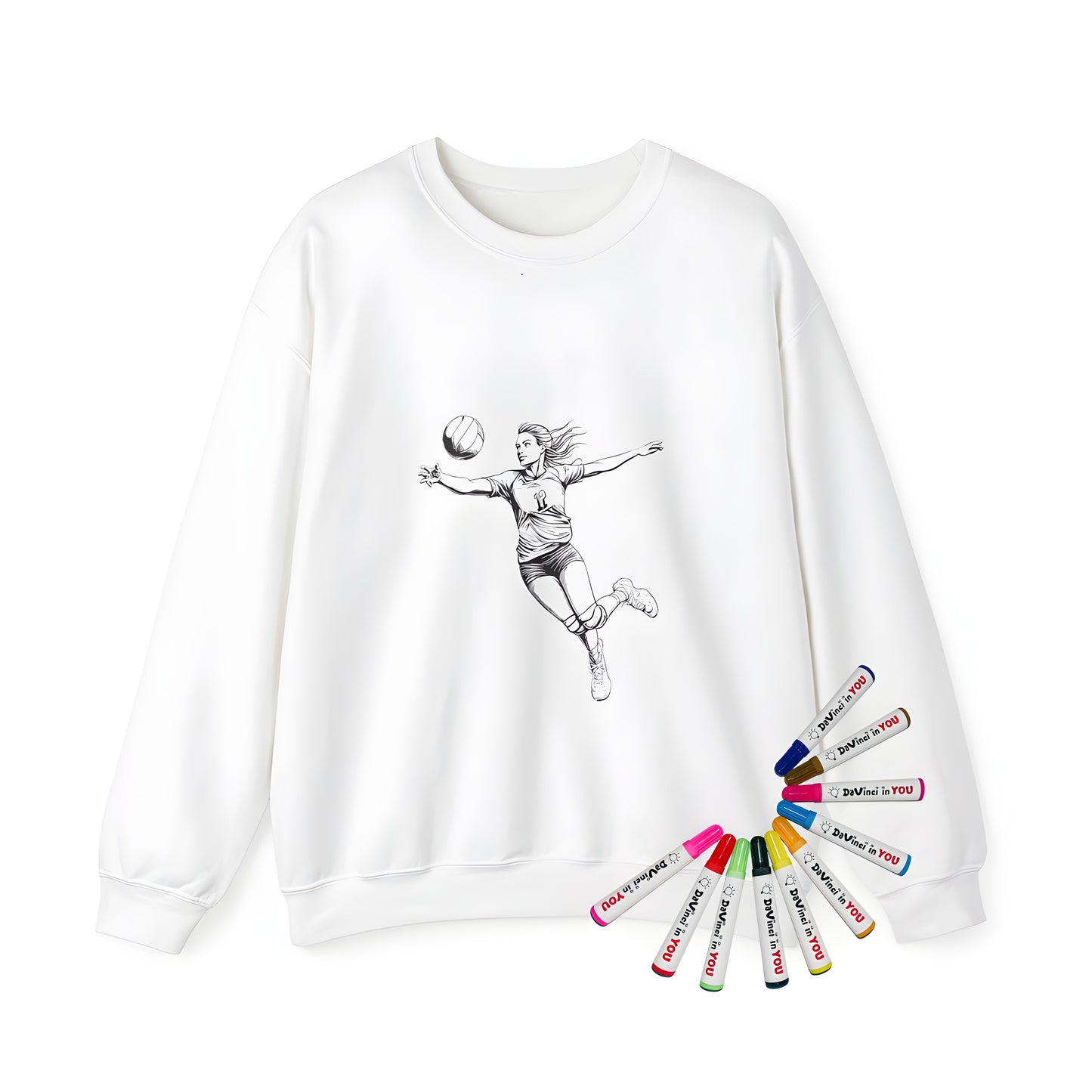 Adult sweatshirt featuring dynamic black-and-white illustration of female volleyball player leaping to hit ball, jersey number 12, coloring page art
