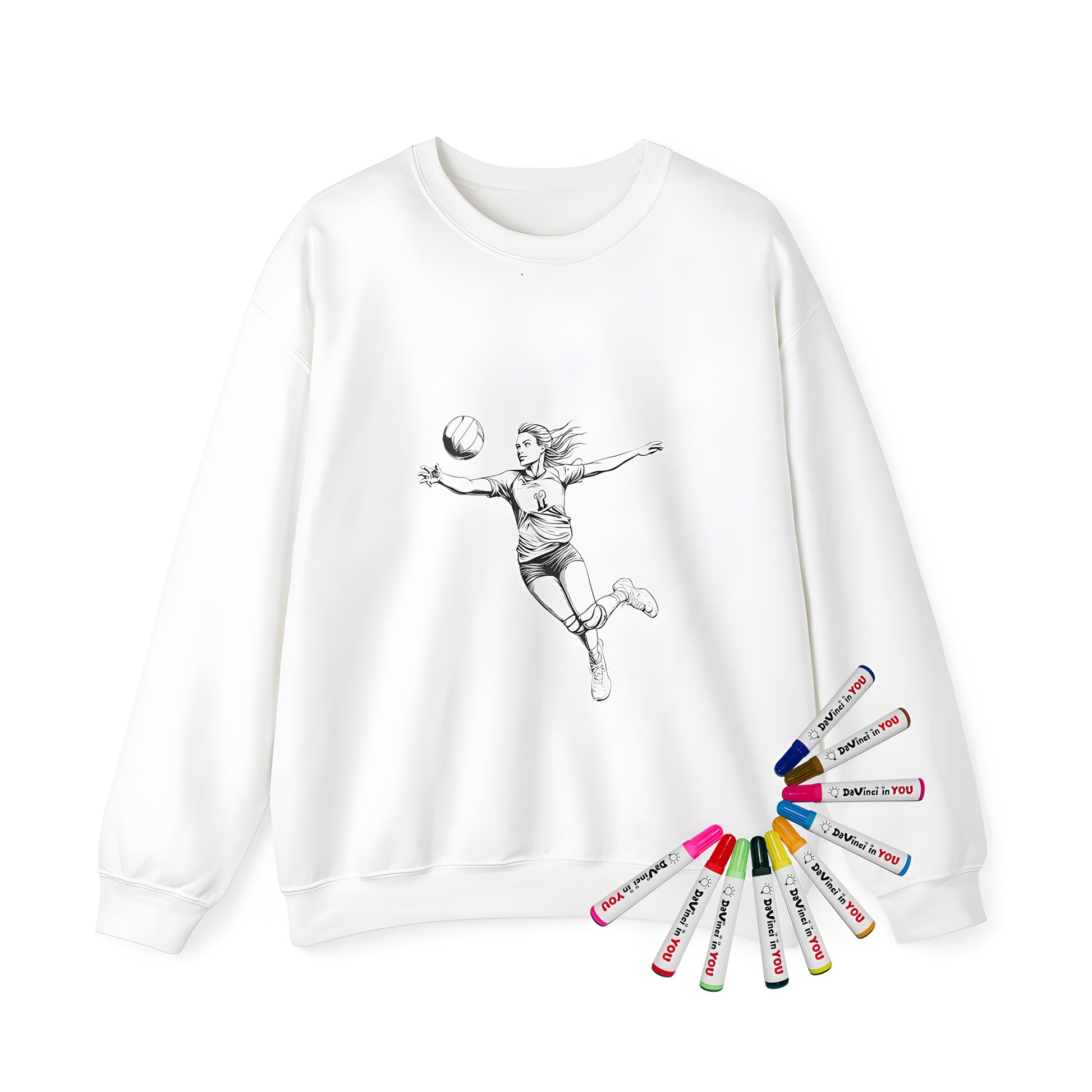 Adult sweatshirt featuring dynamic black-and-white illustration of female volleyball player leaping to hit ball, jersey number 12, coloring page art