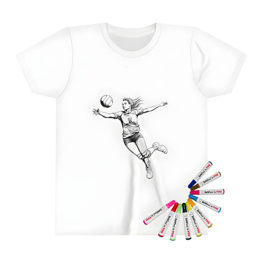 Colorful Kid's T-shirt featuring a dynamic black-and-white illustration of a female volleyball player leaping to hit a ball, wearing jersey number 12. Perfect for little sports fans and artists!