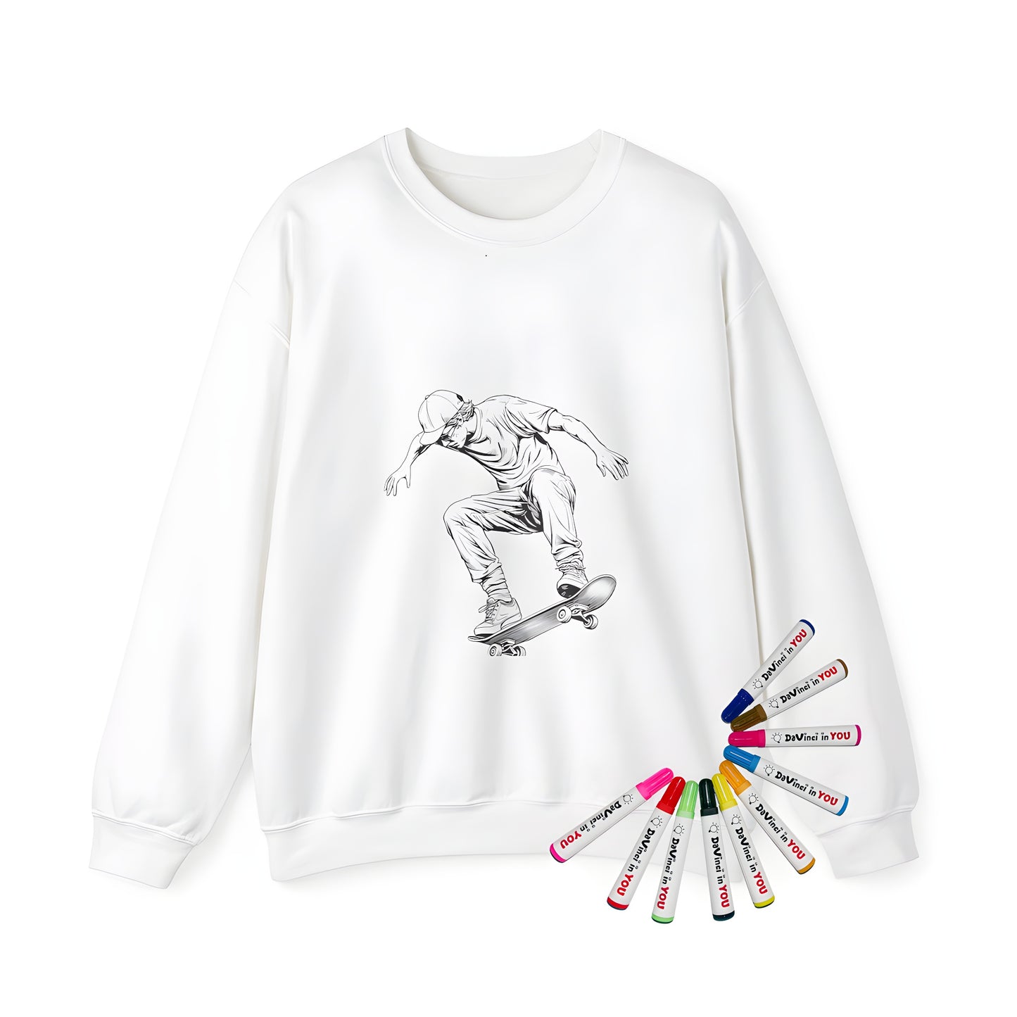 Adult sweatshirt featuring a young skater illustration design, perfect for fans of skateboarding and streetwear. Includes vibrant colors and cool graphics.