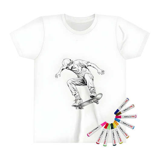 Kid's t-shirt with colorful skateboarding design featuring young rider, fun kids apparel