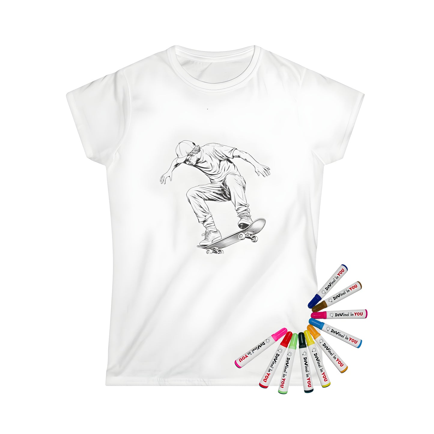 Women's t-shirt featuring a young skater design with skateboard illustration