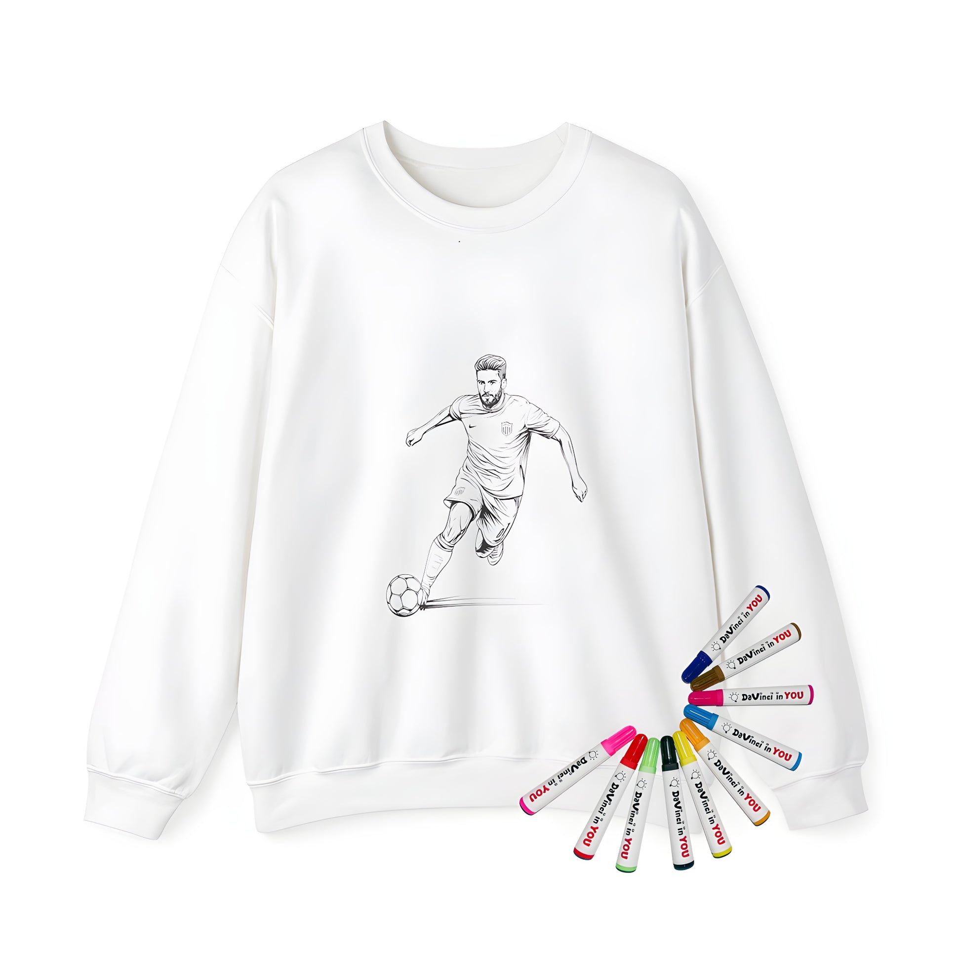 Adult sweatshirt featuring a fun line drawing of a male football player in action, kicking a soccer ball