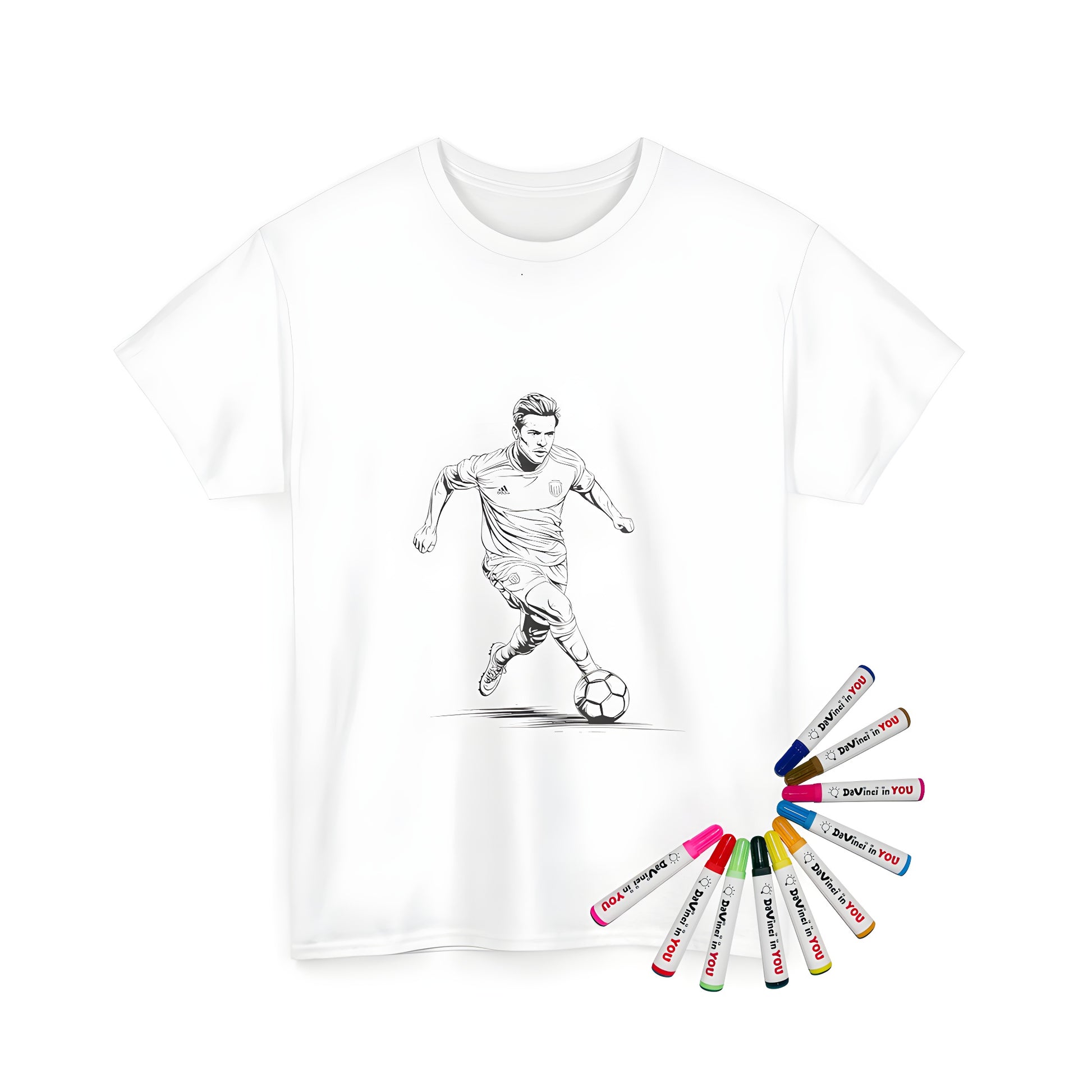 A unisex t-shirt featuring an inspiring illustration of a soccer player in motion, running with a ball. Perfect for sports enthusiasts and fans of football