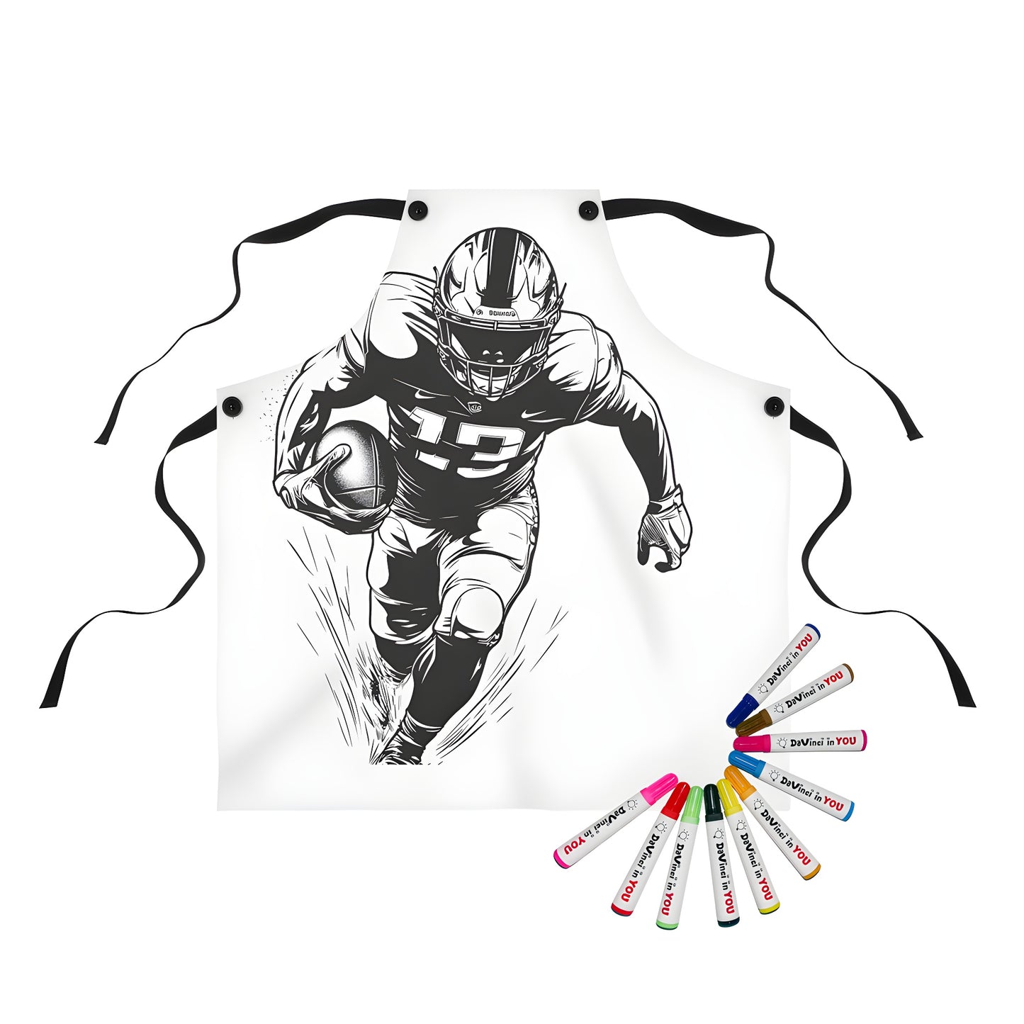 Coloring apron featuring a black and white football illustration of a player running with the ball