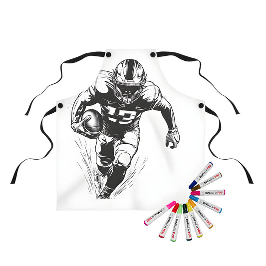 Coloring apron featuring a black and white football illustration of a player running with the ball