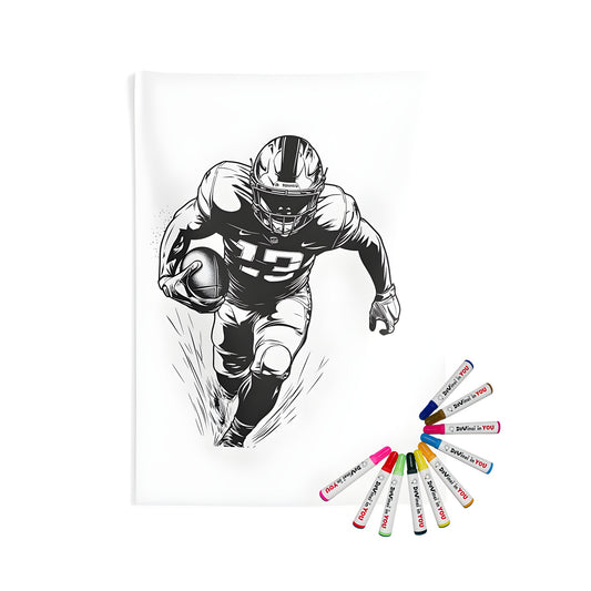 Football Field Artwork for Bedroom Decor, Black and White Sports Illustration, Football Player Running Holding Ball Indoor Wall Tapestry