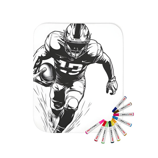 Football themed blanket for kids and adults, featuring a black and white illustration of a running football player holding the ball