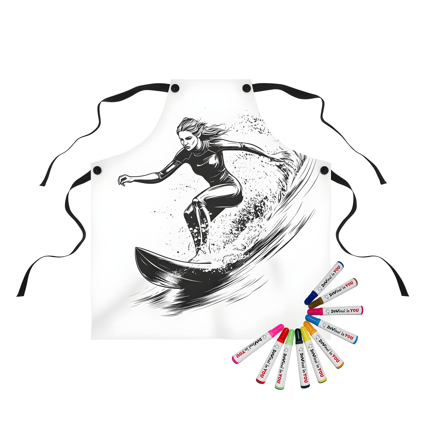 Colorful apron featuring a dynamic black and white illustration of a woman riding a wave with fluid movement, perfect for beach lovers and fans of surfing, skateboarding, or wave culture.