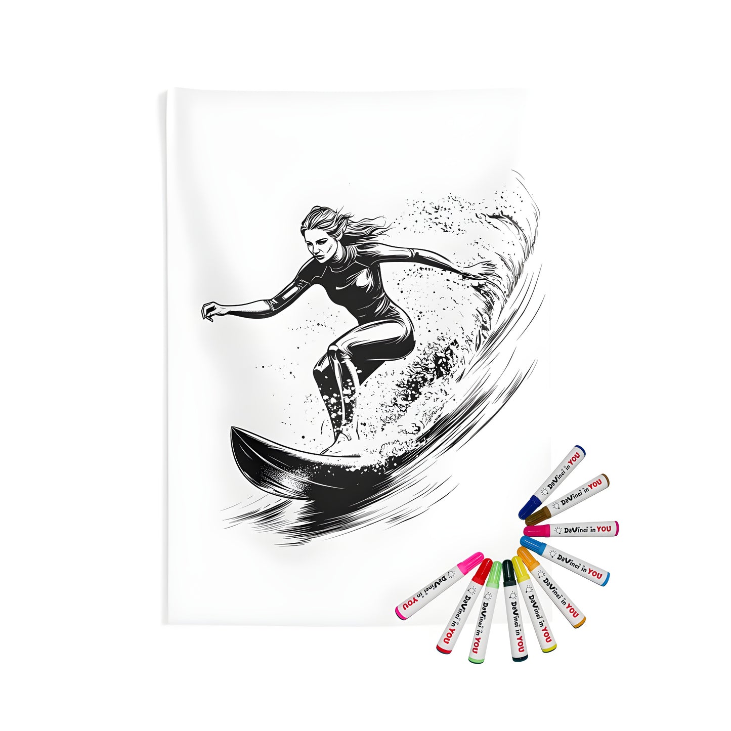 A vibrant indoor wall tapestry featuring a dynamic black and white illustration of a woman surfing a wave with fluid movement, perfect for any beach or coastal home decor.