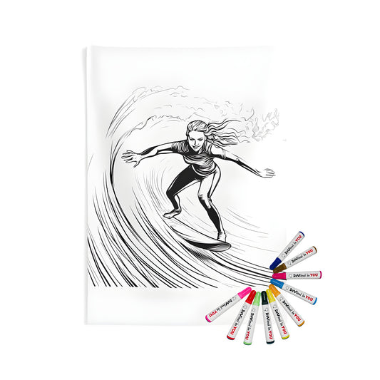 A line art illustration of a surfer riding a wave on a colorful indoor wall tapestry