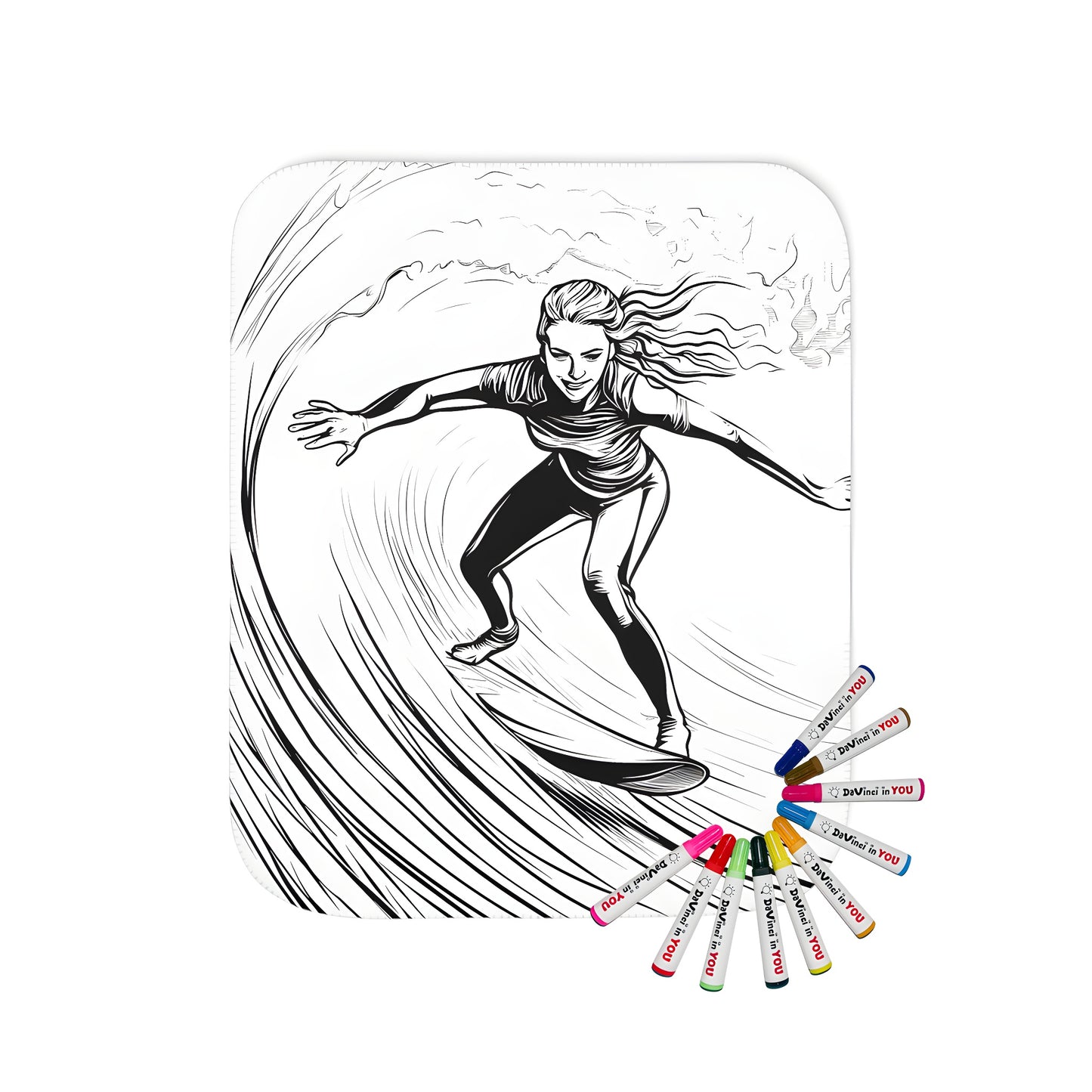 A vibrant and colorful blanket featuring a fun surfer-themed design with dynamic motion, perfect for beach lovers and fans of water sports.