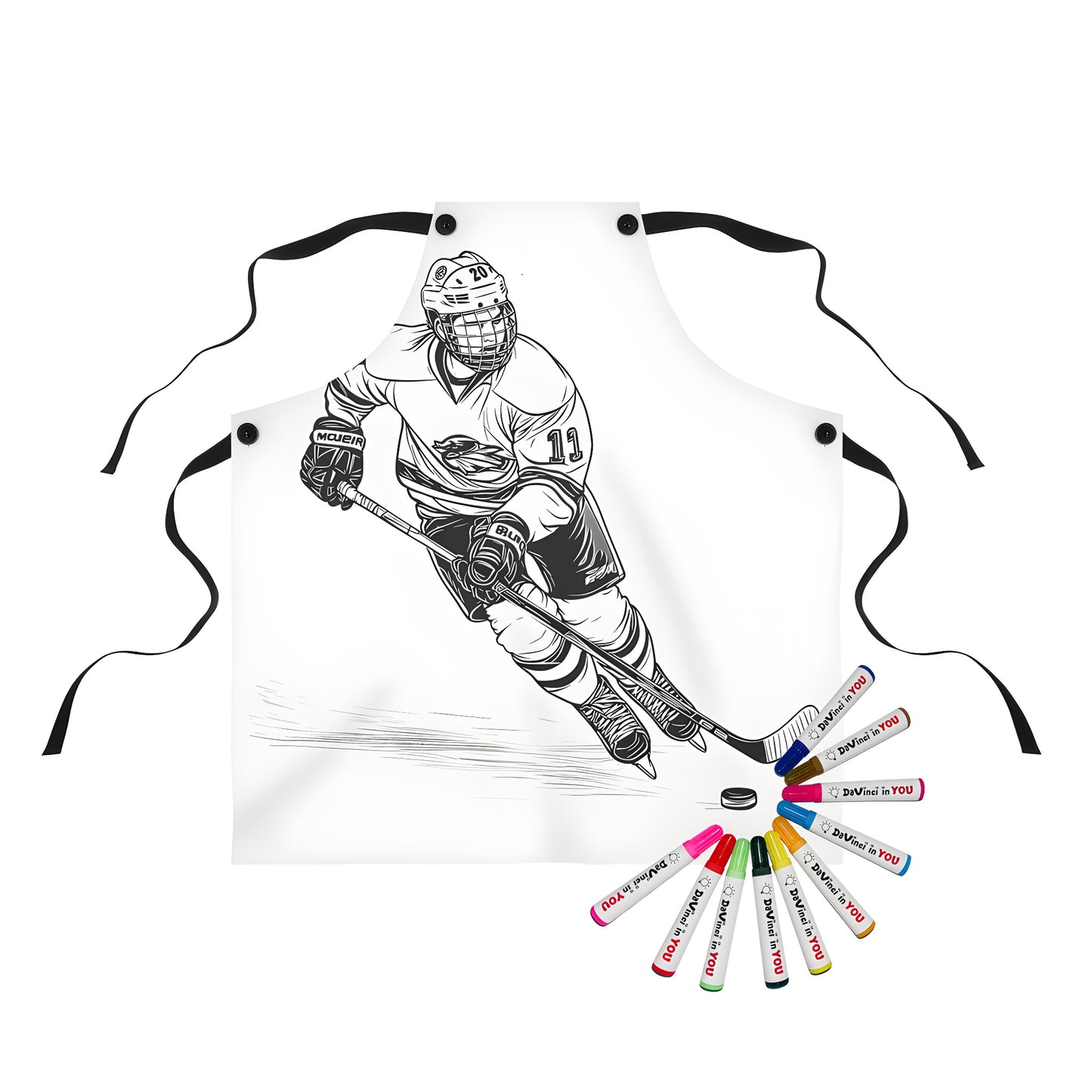 Apron featuring a detailed illustration of an ice hockey player with equipment and stick, skating towards a puck