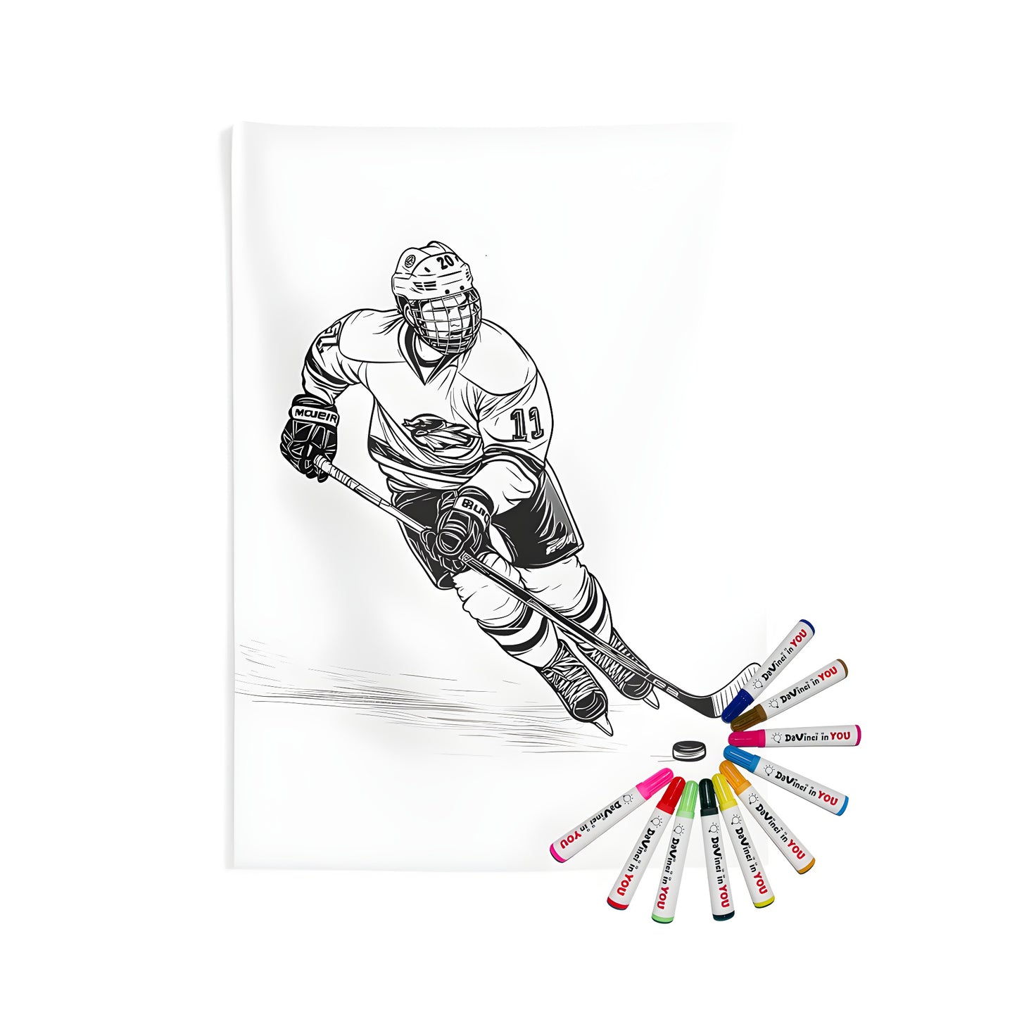 Wall tapestry for home decor featuring an ice hockey player design with detailed line art and gear