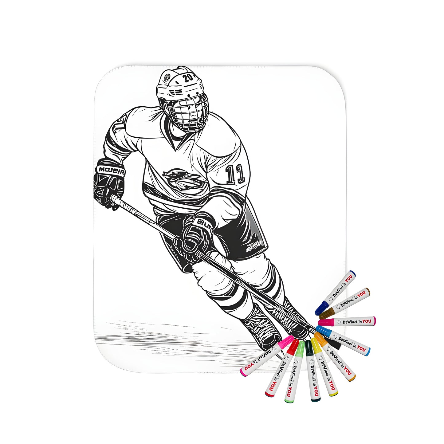 Blanket featuring a detailed line drawing of an ice hockey player with full gear and a hockey stick, skating towards a puck