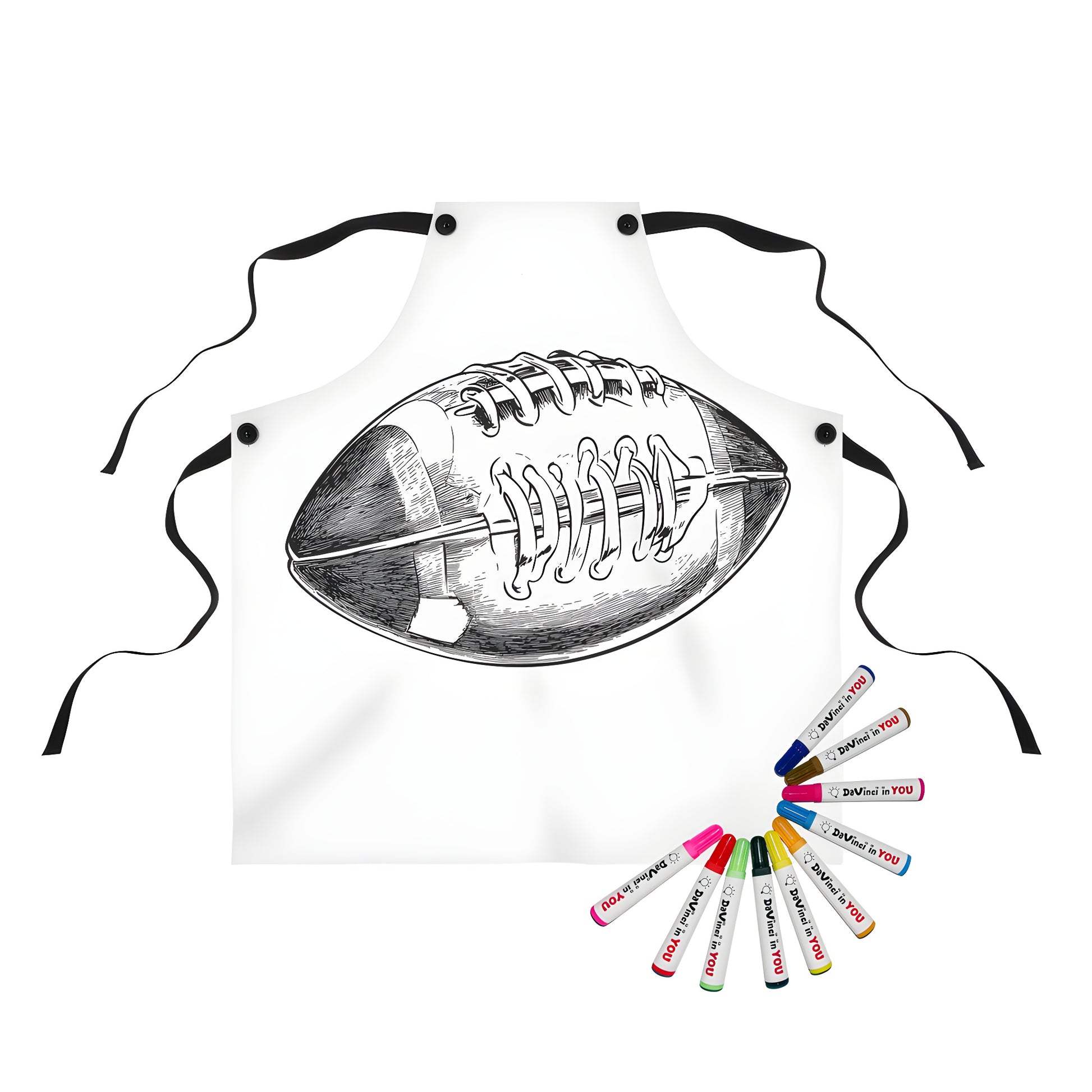 Detailed black and white football illustration apron with colorful fabric markers