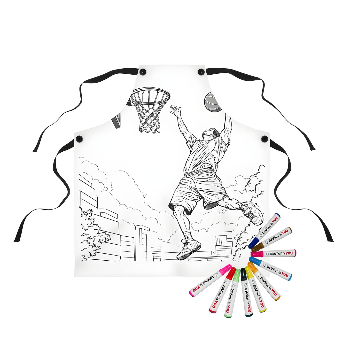 Basketball court scene apron for kids and teens, featuring a sporty basketball jersey design