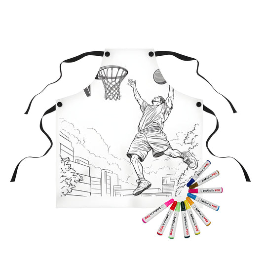 Basketball court scene apron for kids and teens, featuring a sporty basketball jersey design