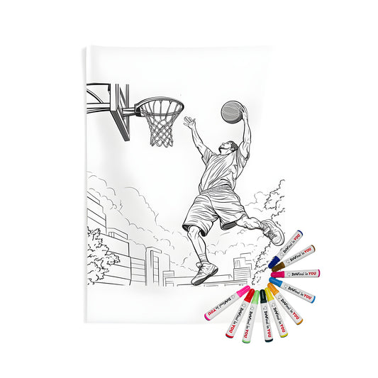 Basketball themed indoor wall tapestry for sale, featuring a colorful player dunking hoop