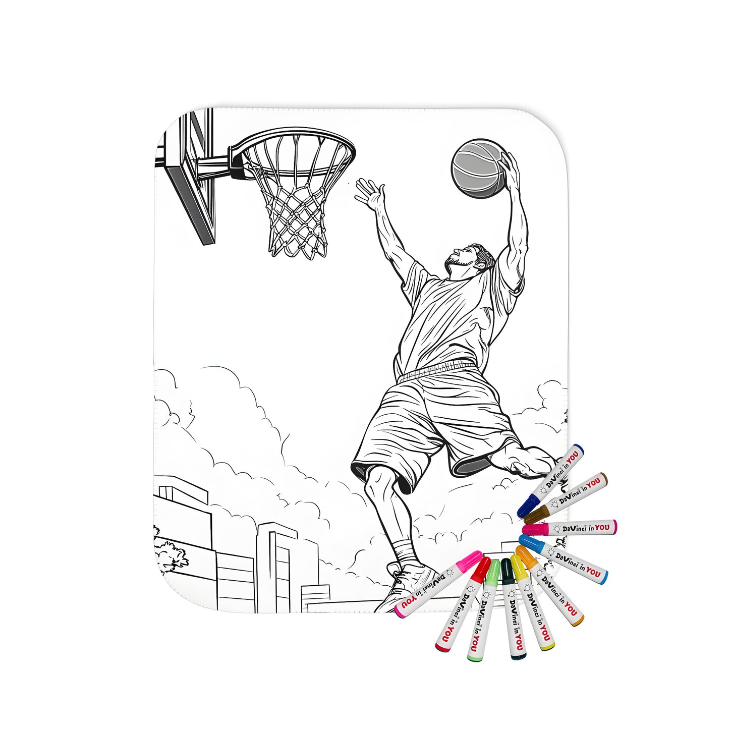 Cozy blanket with vibrant basketball court design featuring a dunking player