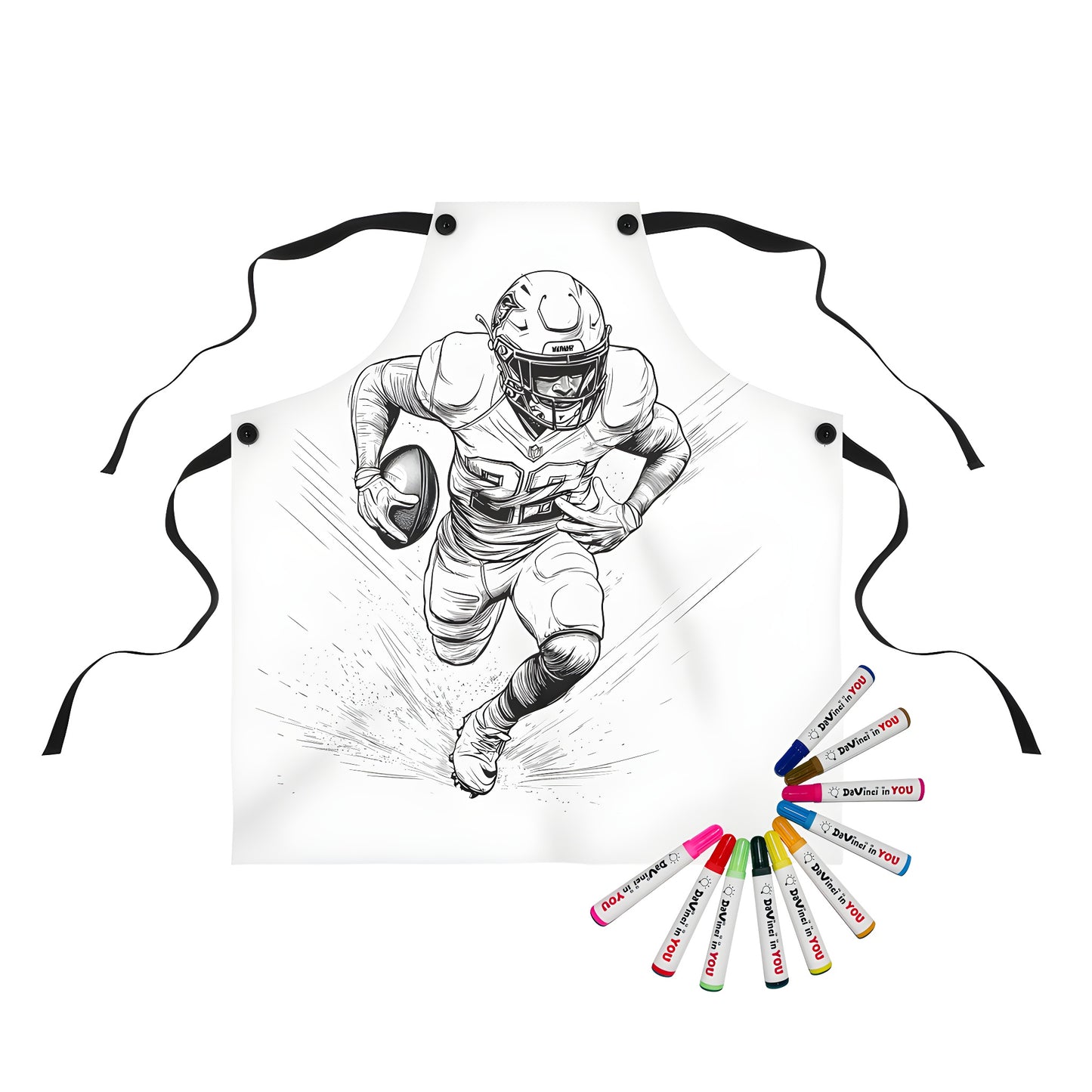 Coloring apron featuring dynamic black and white illustration of a football player running with ball