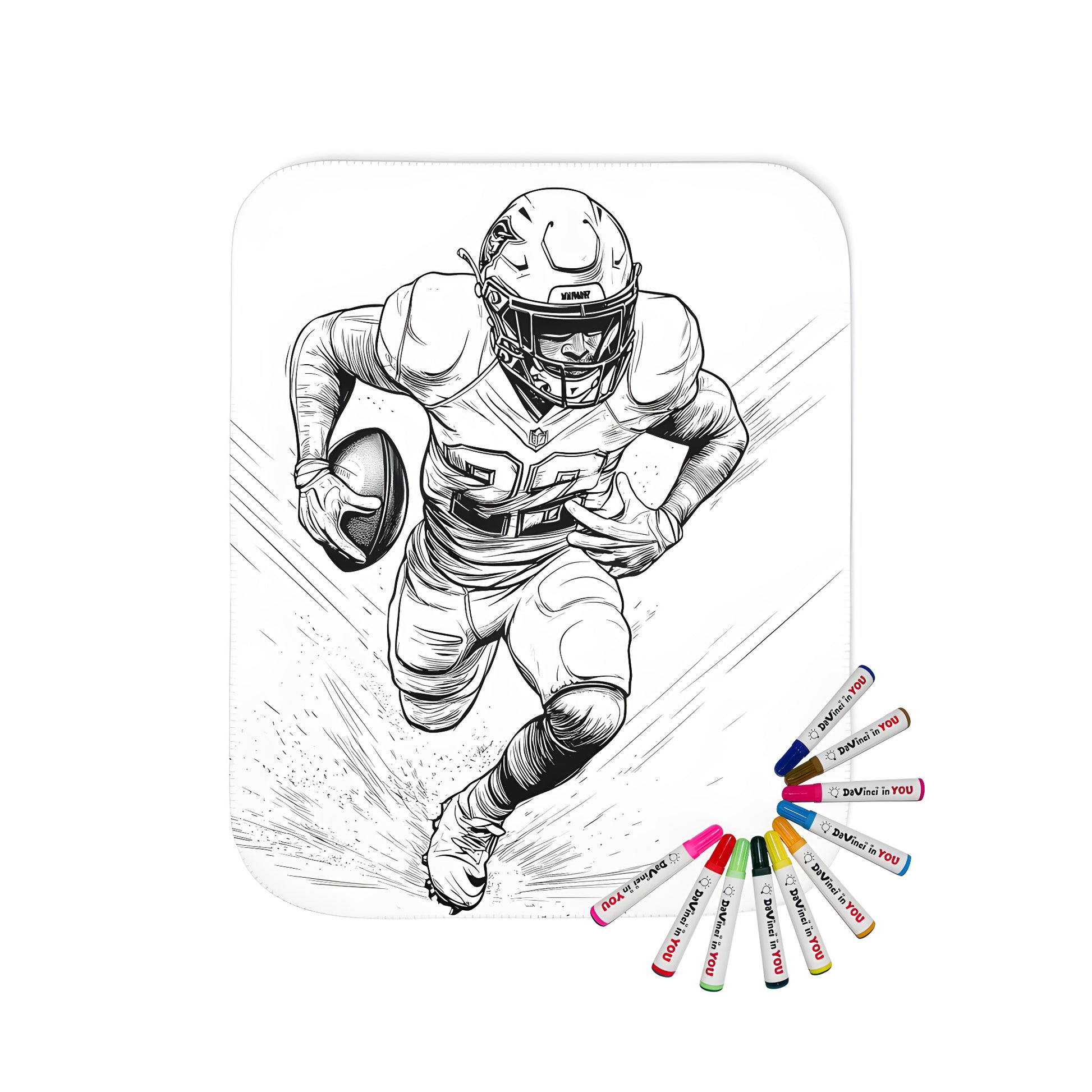 Blanket featuring a dynamic black and white illustration of a football player running with a football, wearing a helmet and uniform